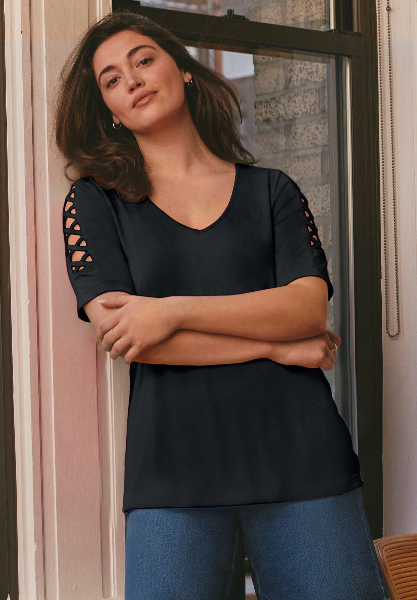 Lattice Sleeve Tunic, BLACK, hi-res image number 0