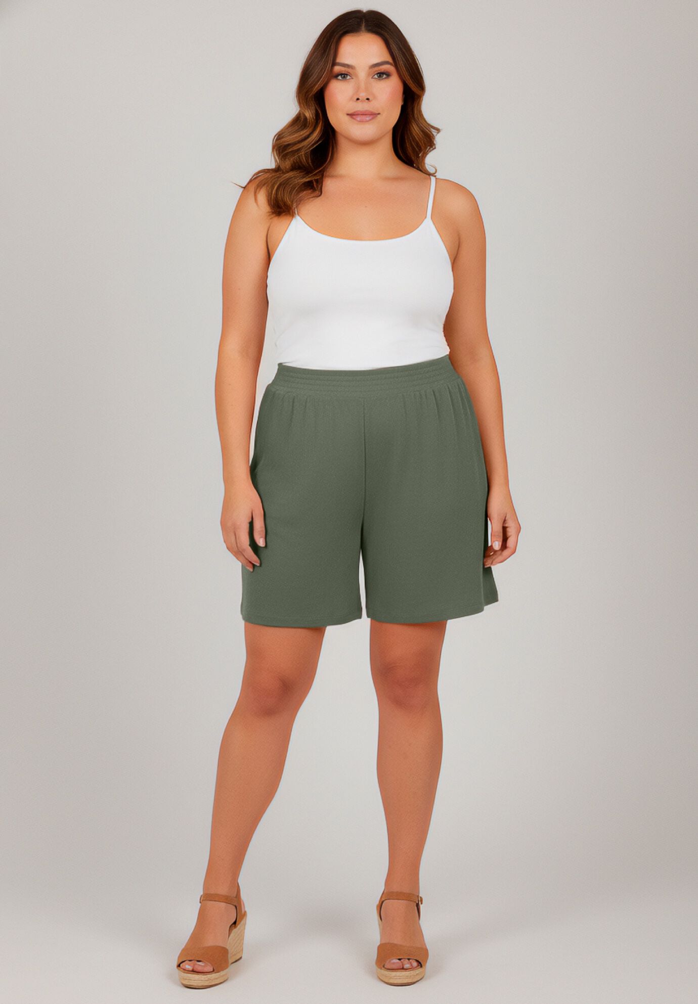 Knit Gauze Smocked Shorts, OLIVE GREEN, alternate image number 4