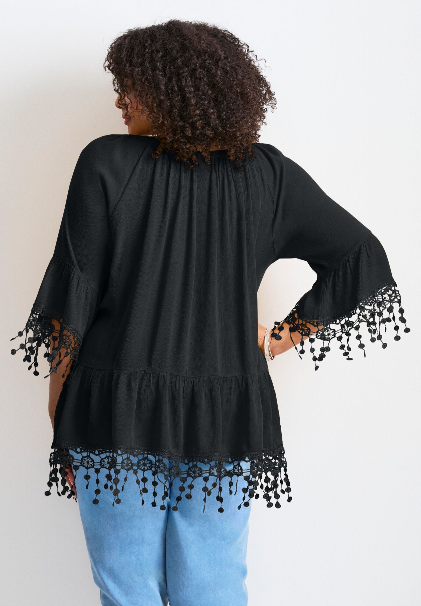  Crochet Fringe Trim Tunic, BLACK, alternate image number 2