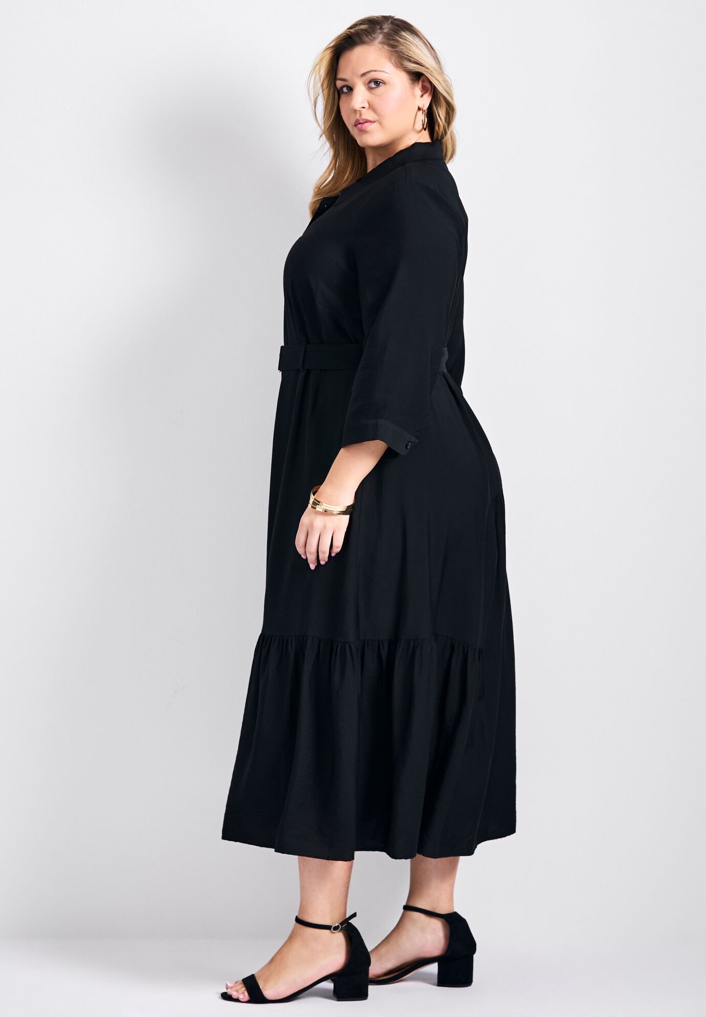 Flora Pln Button Thru Shirtdress With D Ring Self Fabric Belt, BLACK, alternate image number 2