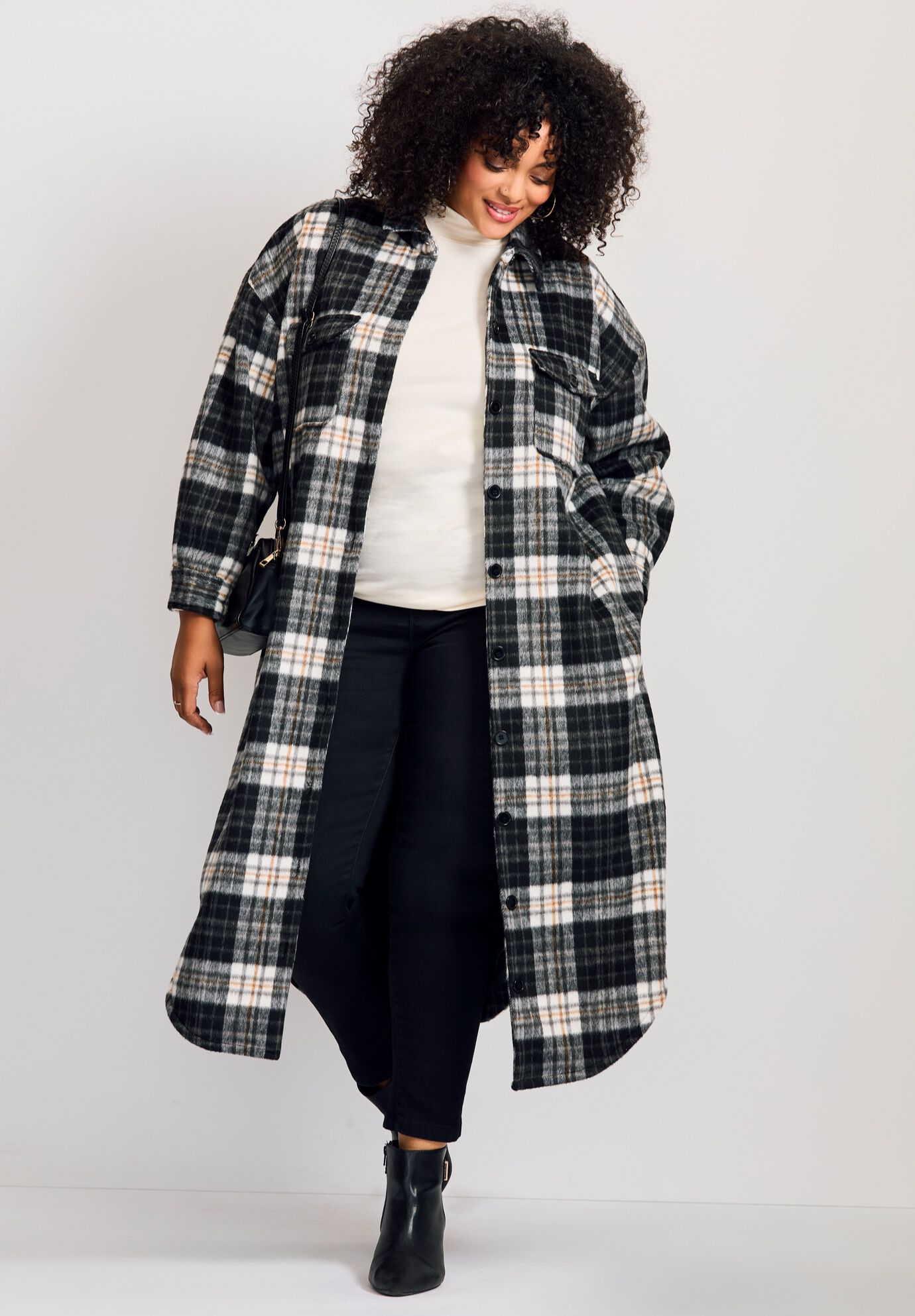 Brushed Long Shirt Jacket, BLACK BRUSHED PLAID, on-hover image number 1