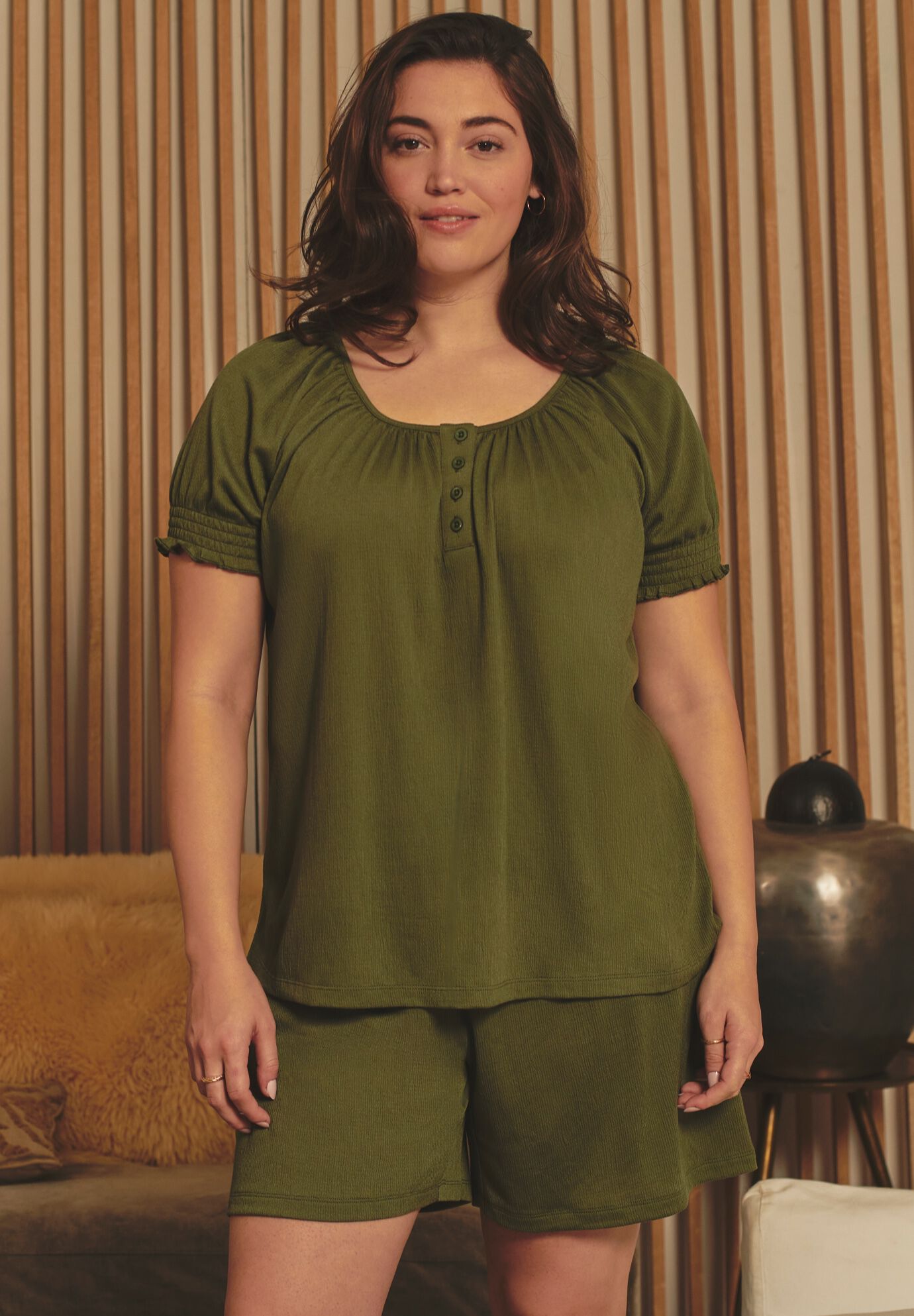 Knit Gauze Smocked Shorts, OLIVE GREEN, on-hover image number 1