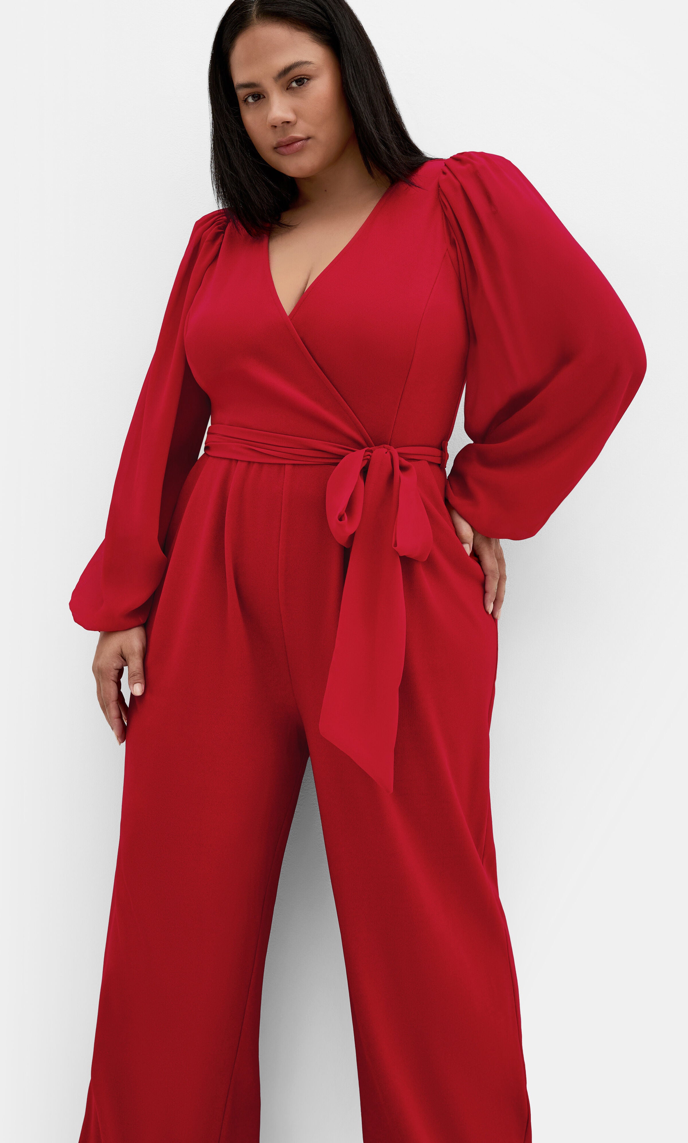 Sheer Sleeve Wide Leg Jumpsuit  - cherry, RED, alternate image number 2