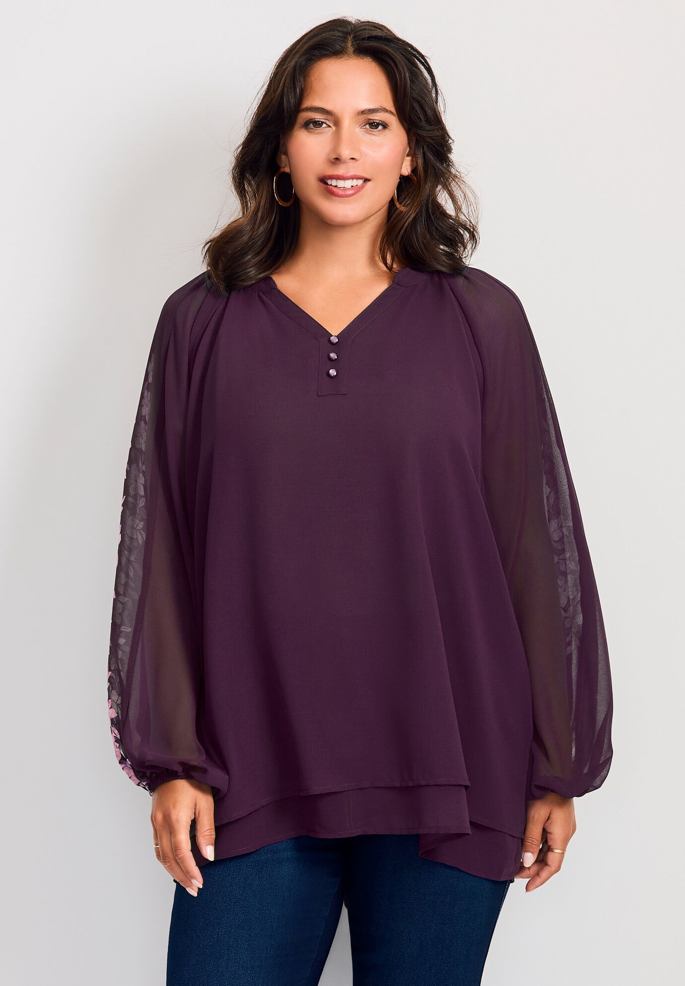 Double Layered Poet Blouse, BERRY FLOWER BORDER, on-hover image number 1