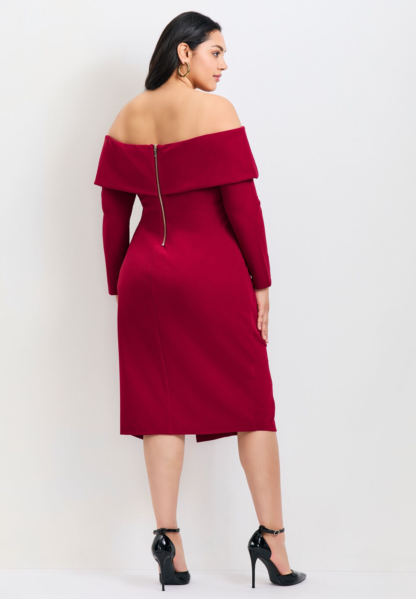 Collette Off Shoulder Gathered Waist Dress, CABERNET, alternate image number 2