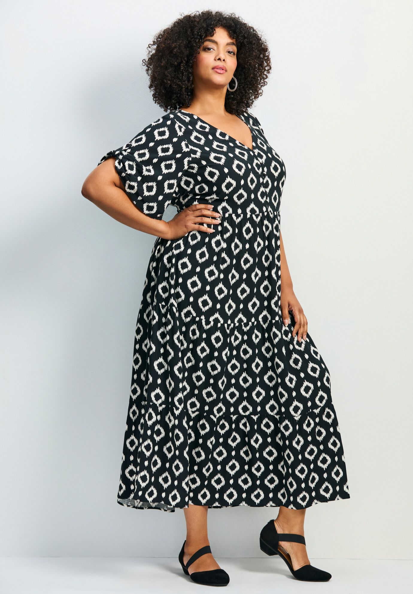 Ivy Tiered Button Front Dress, BLACK WHITE GEO, alternate image number 2