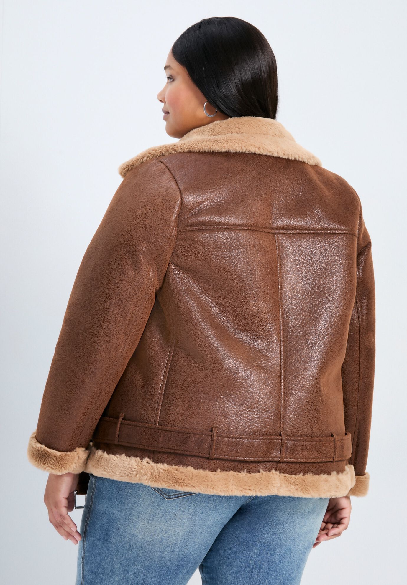 Belted Biker Jacket, BROWN, alternate image number 2