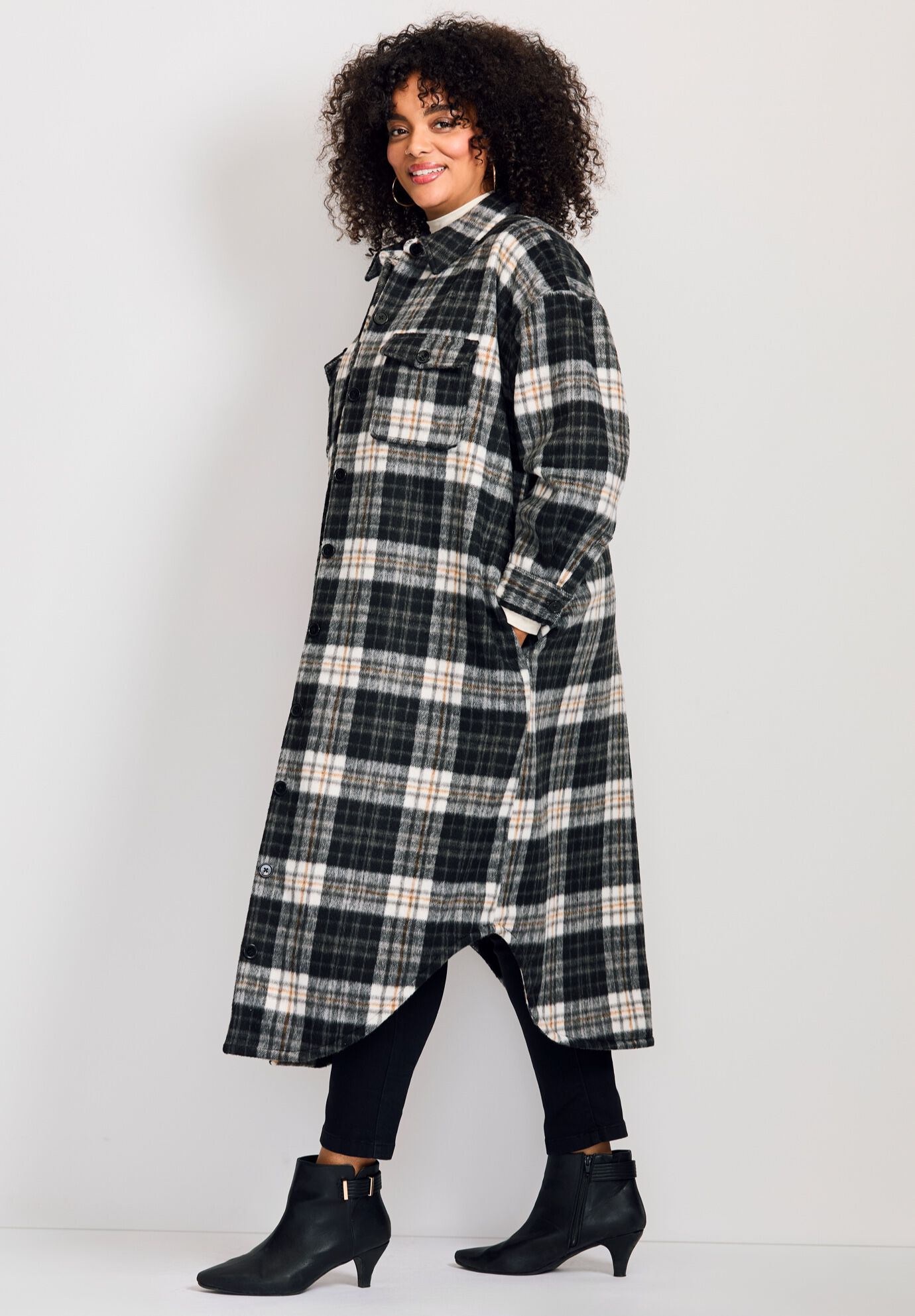 Brushed Long Shirt Jacket, BLACK BRUSHED PLAID, alternate image number 3