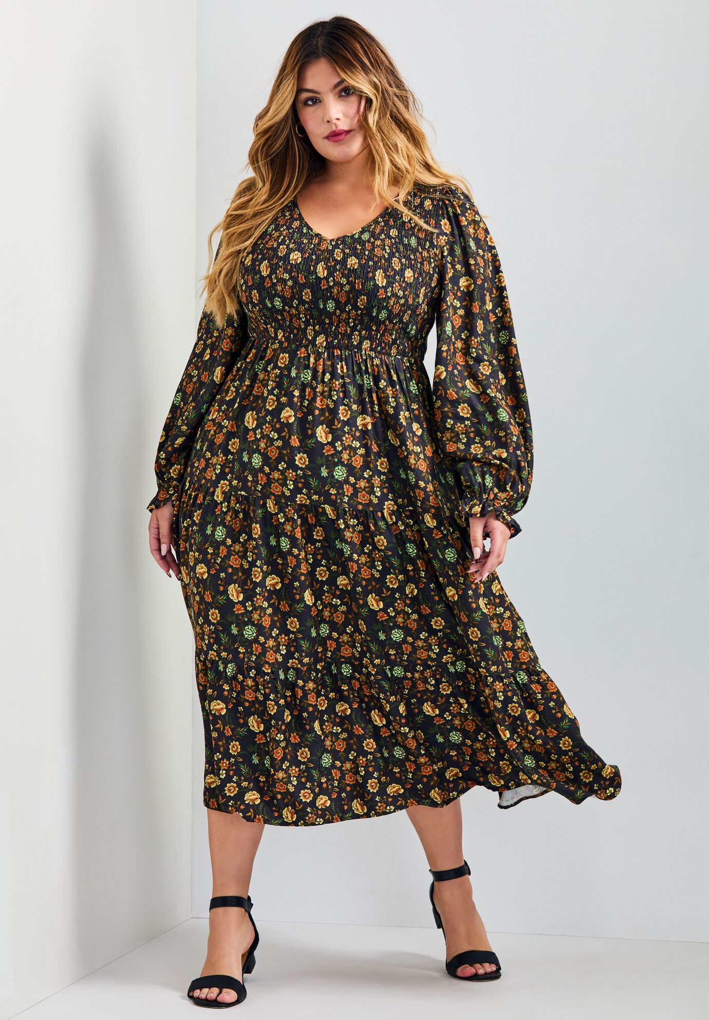 Indi Puff Sleeve Shirred Dress, JACOBEAN, hi-res image number 0
