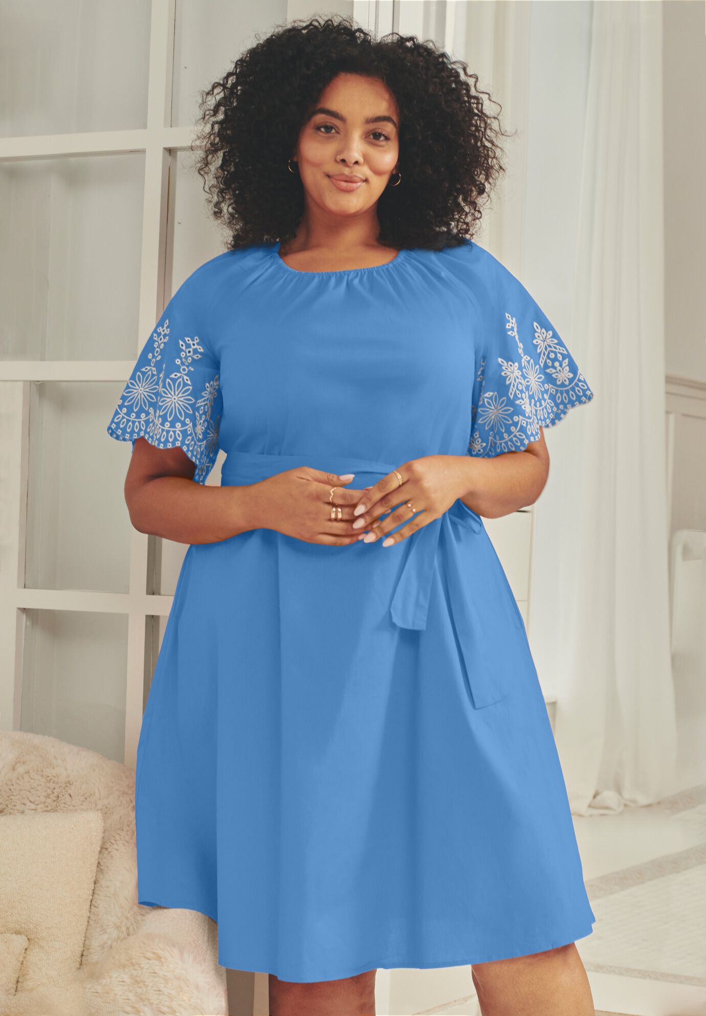 Eyelet Embroidered Midi Dress, BLUE SCALLOP EYELET, alternate image number 2