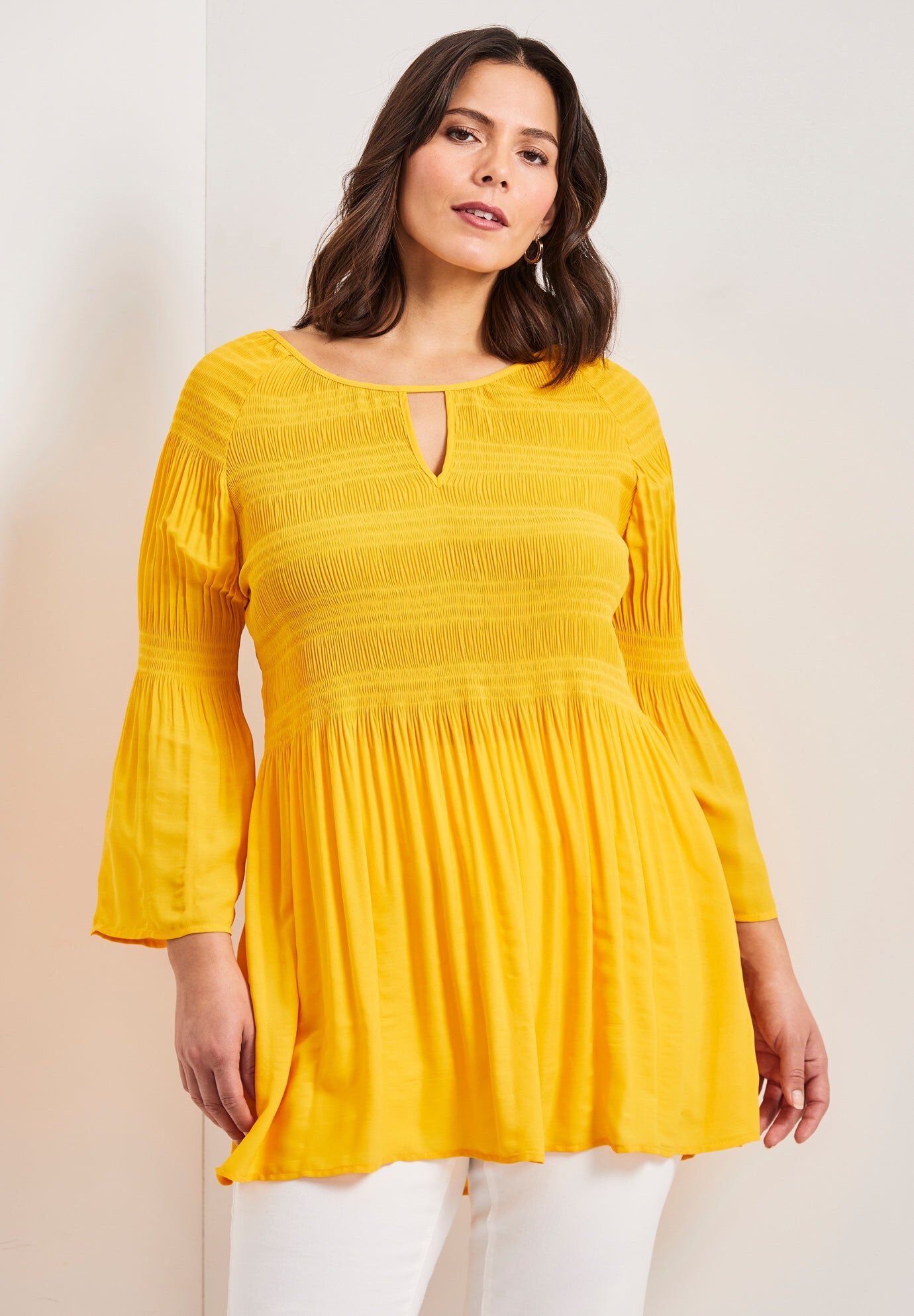 Keyhole Bell Sleeve Tunic, SUNSET YELLOW, hi-res image number 0