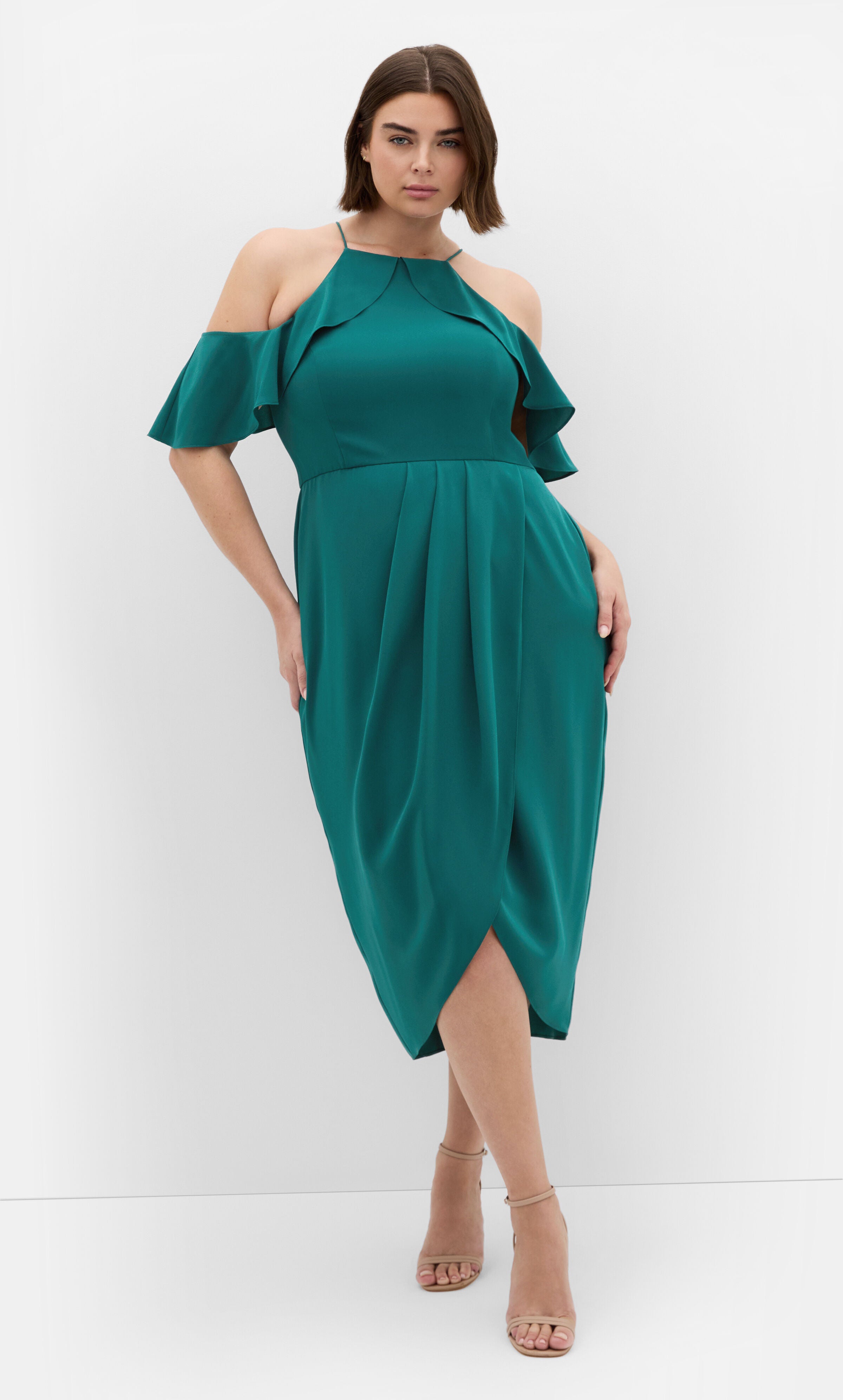 Love Siren Ruffle Shoulder Dress - forest green, GREEN, hi-res image number 0