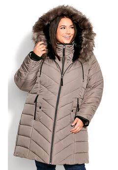 Chevron Faux Fur Hood Long Puffer Coat