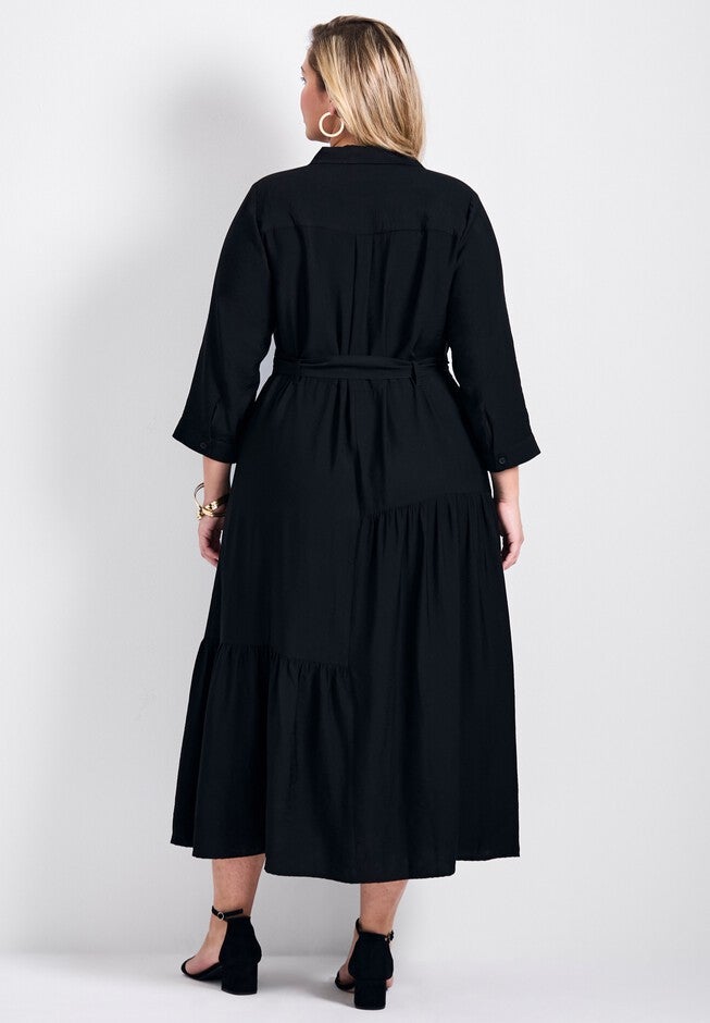 Flora Pln Button Thru Shirtdress With D Ring Self Fabric Belt, BLACK, on-hover image number 1