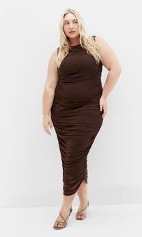 Halo Ruched Midi Dress - cocoa