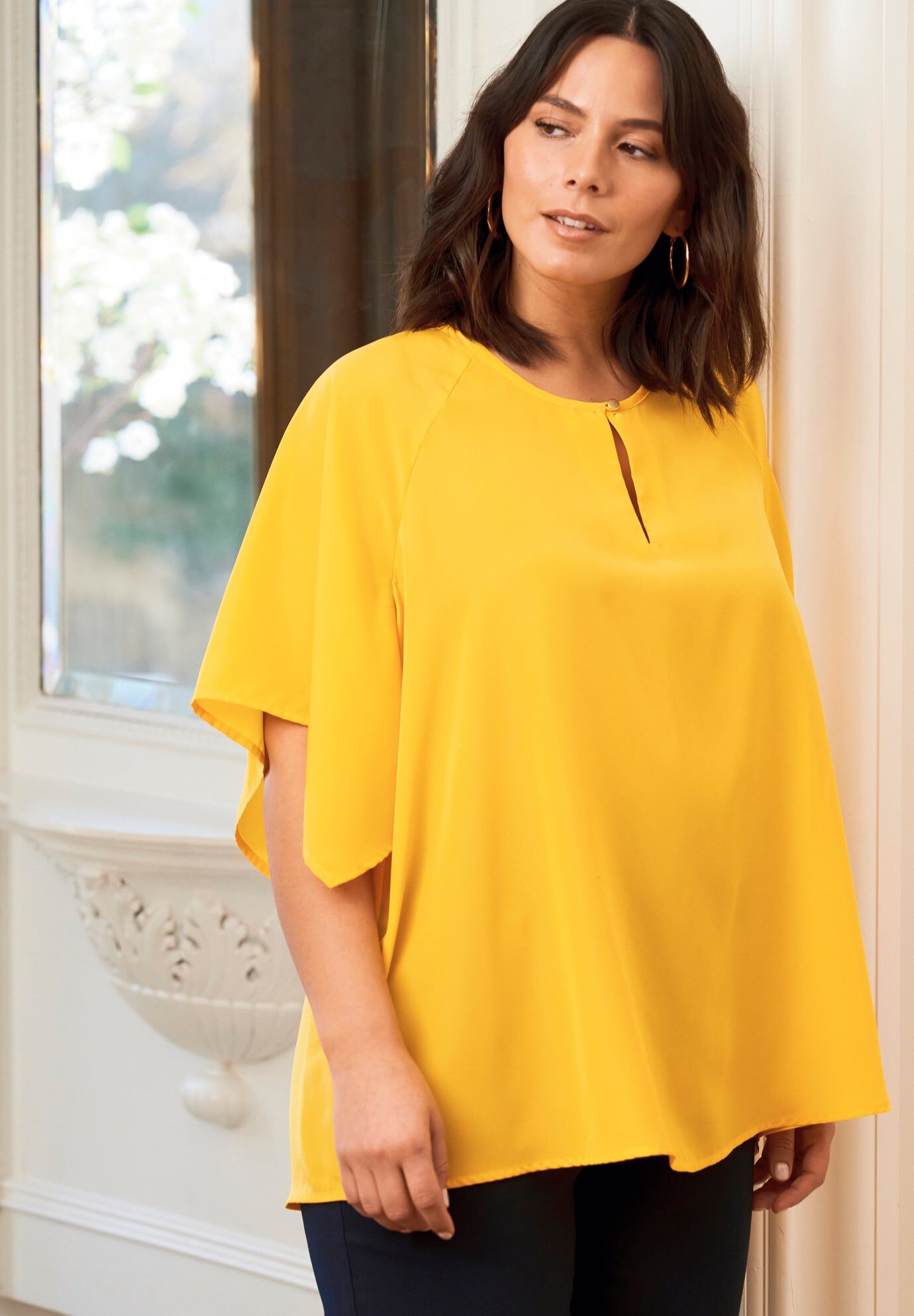 Flutter Sleeve Keyhole Blouse, SUNSET YELLOW, hi-res image number 0