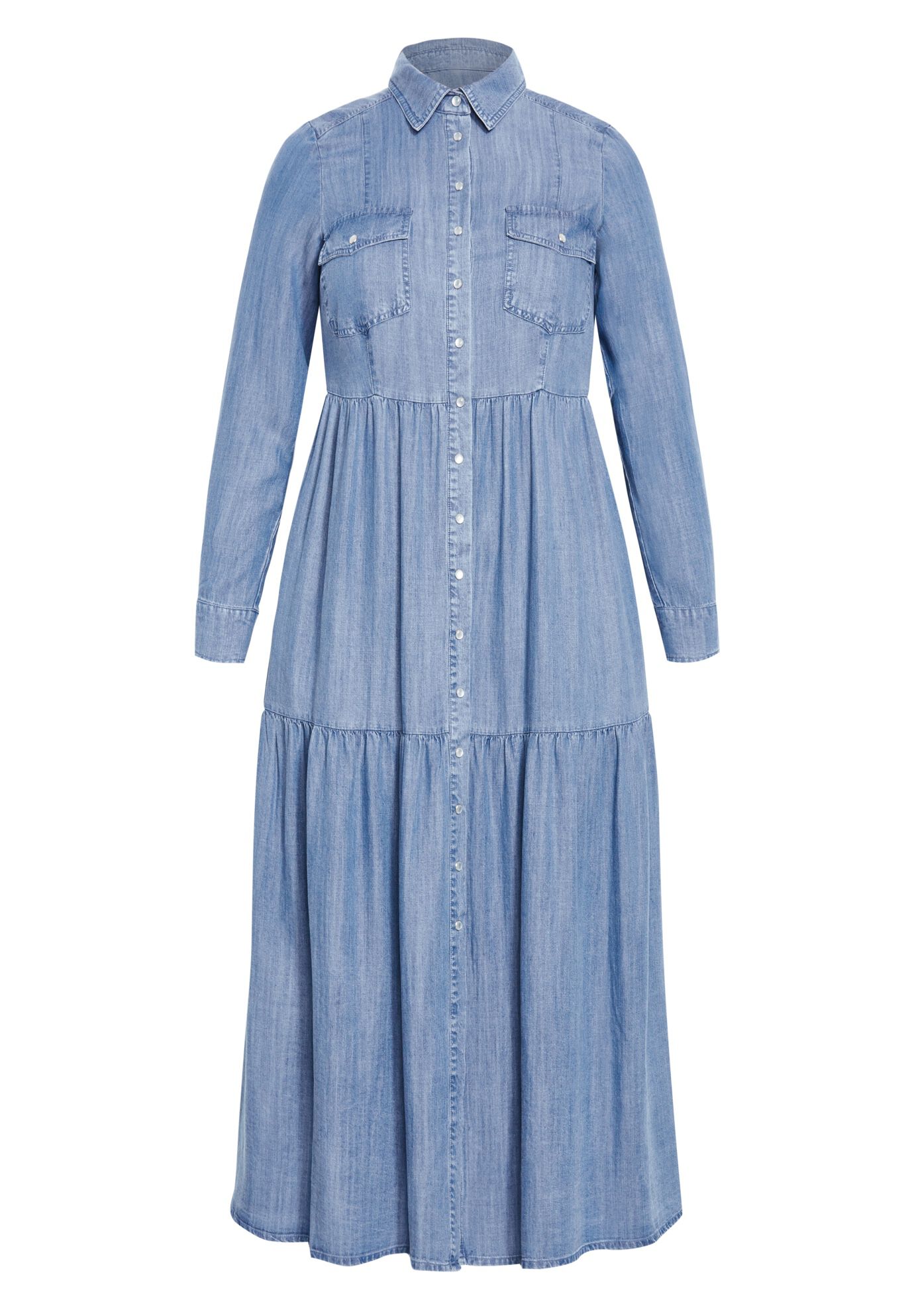 Denim Tiered Shirtdress, MID WASH, alternate image number 3