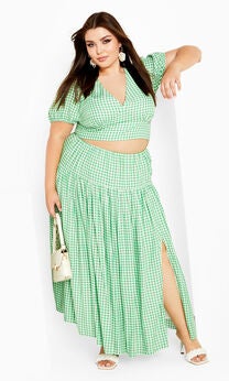 Amber Puff Sleeves Pleated Set - green gingham