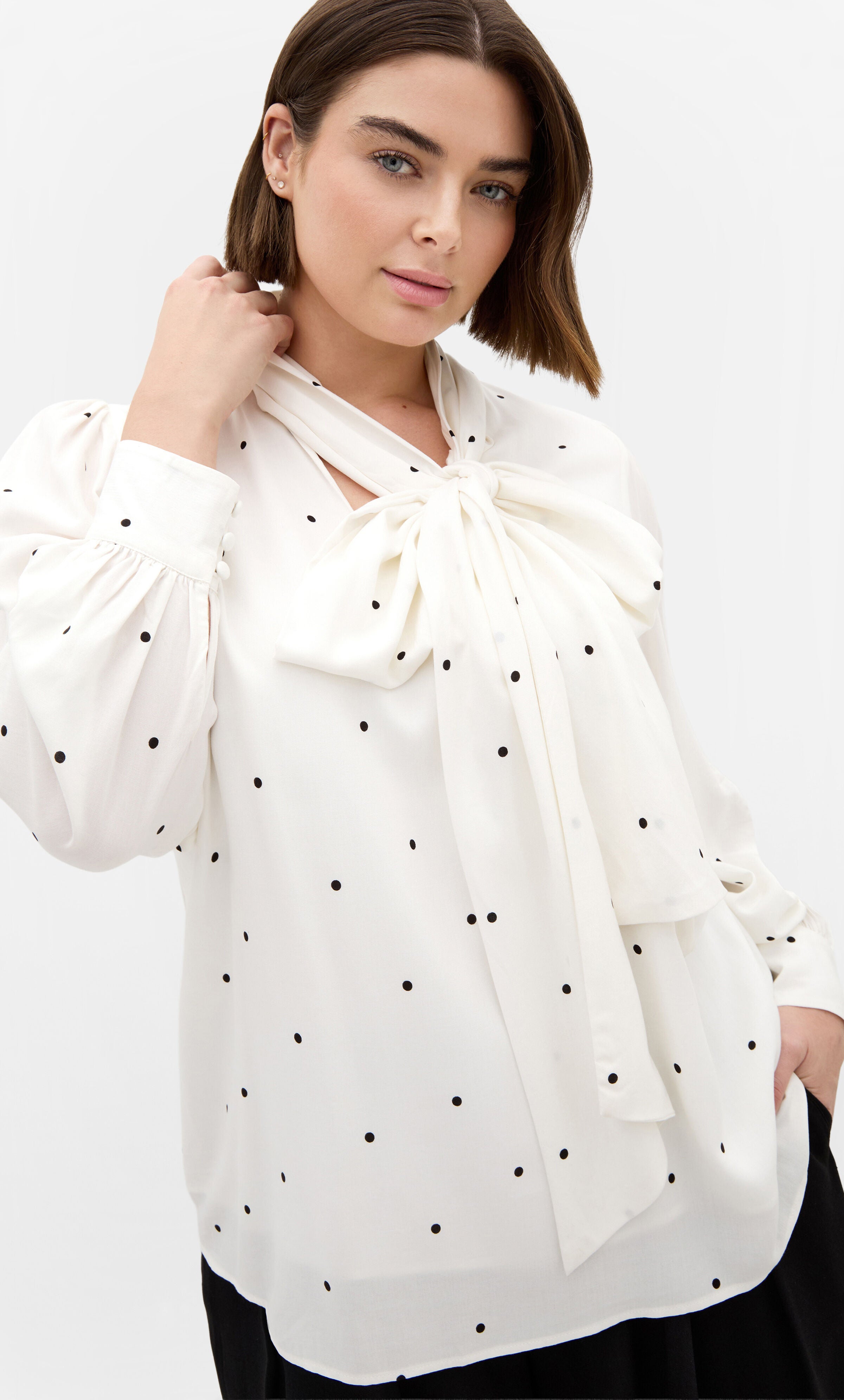 Kensie Spot Neck Tie Top, WHITE, hi-res image number 0