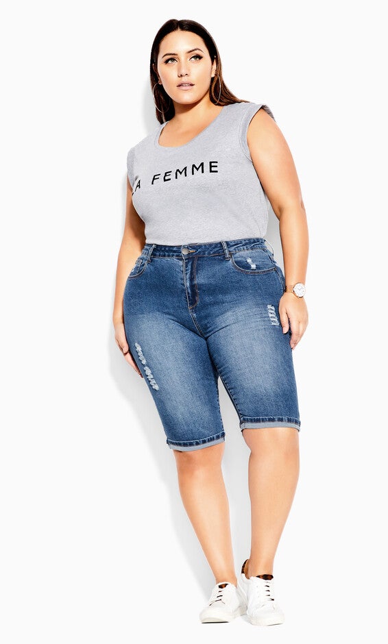 Turn Up Distressed Detail Knee Length Short - mid denim, BLUE, alternate image number 3