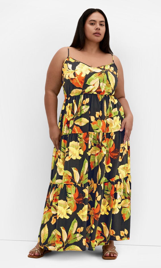 Oasis Tropical Maxi Dress - foliage leaves print, ORANGE, hi-res image number 0