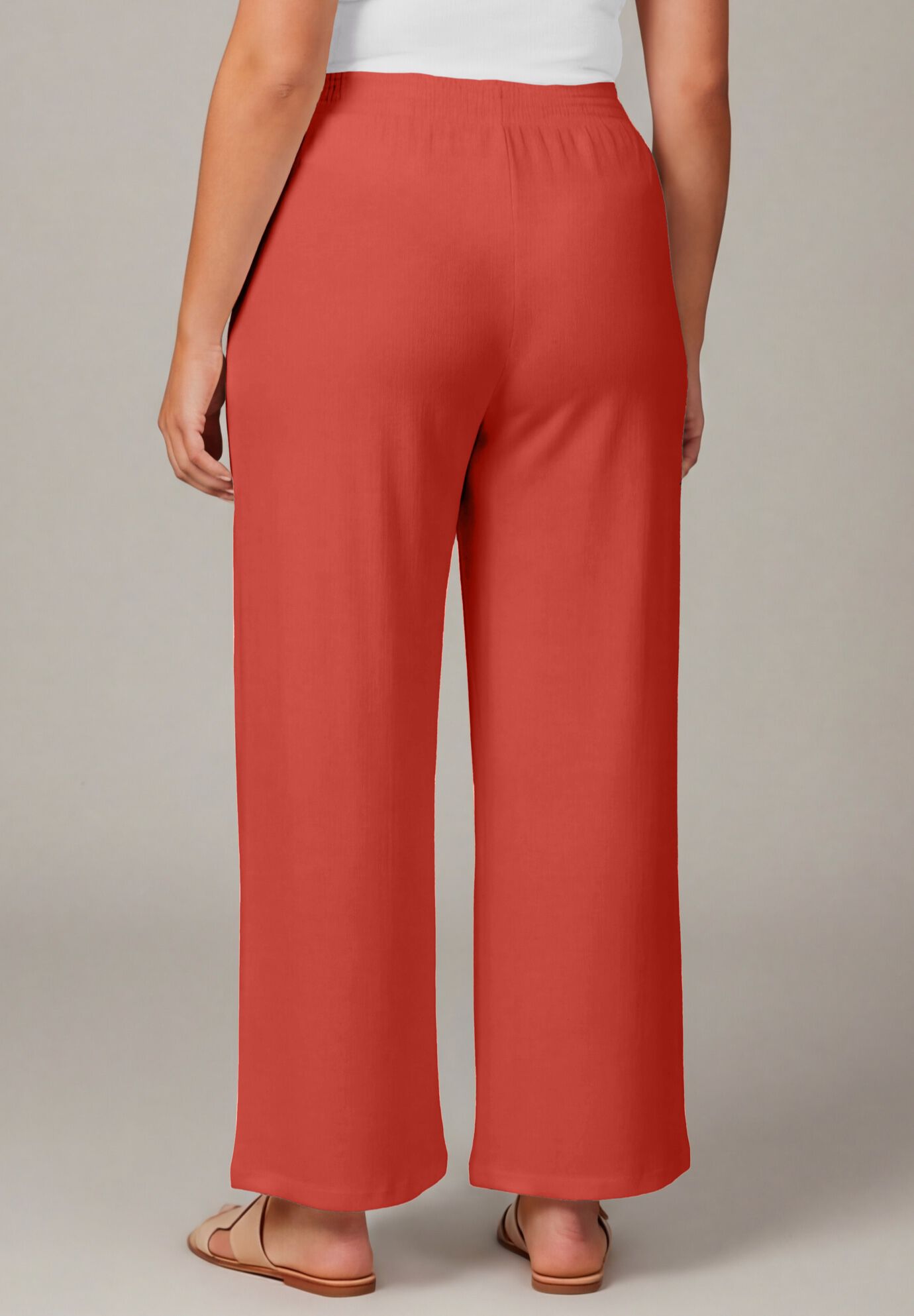 Knit Gauze Smocked Wide-Leg Pants, BURNT ORANGE, on-hover image number 1