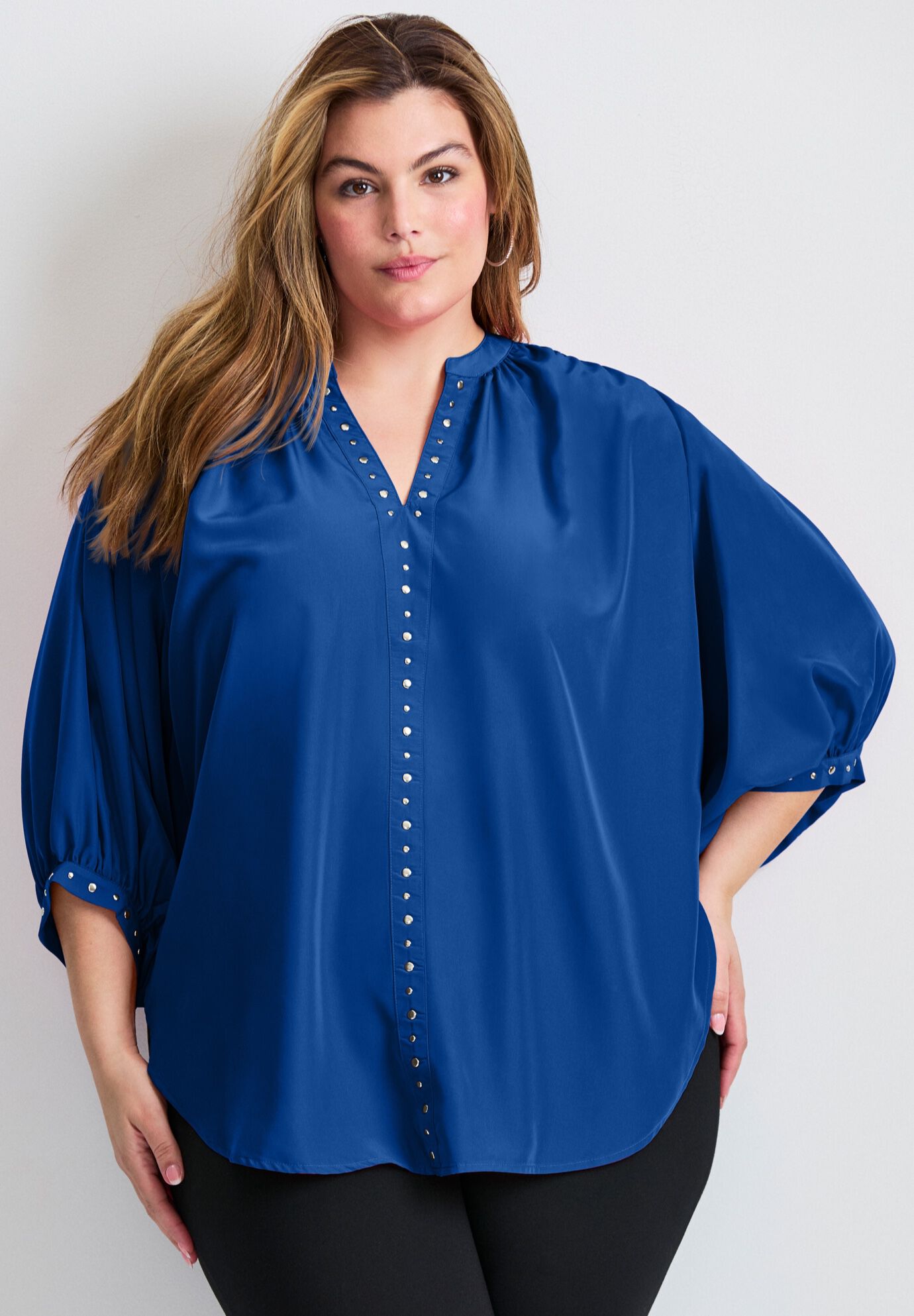 Studded Blouson Sleeve Blouse, DARK SAPPHIRE, on-hover image number 1