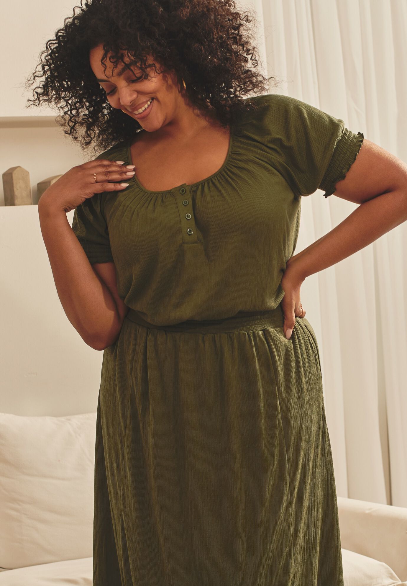 Gauze Puffed Sleeve Top, OLIVE GREEN, on-hover image number 1