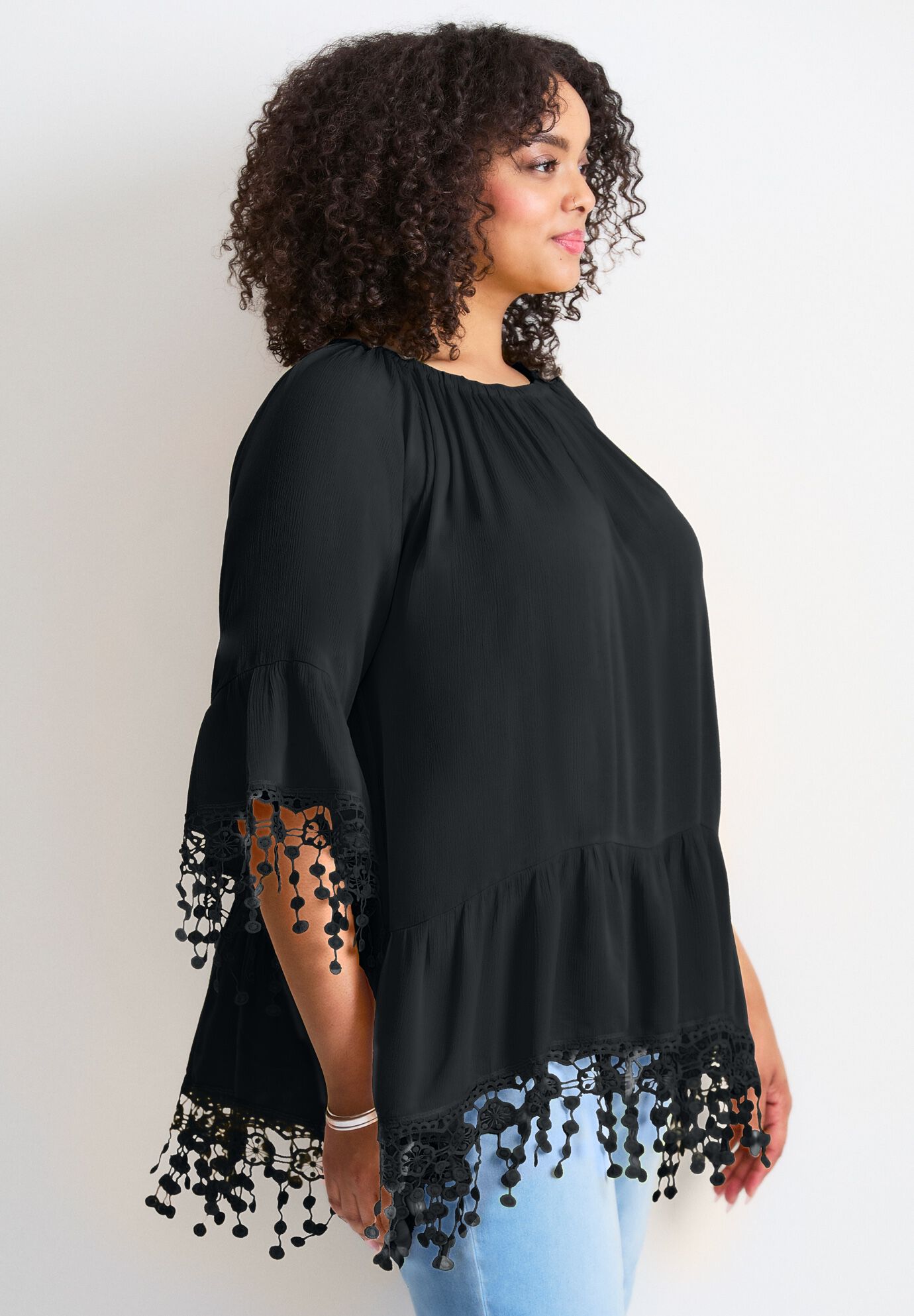  Crochet Fringe Trim Tunic, BLACK, alternate image number 3