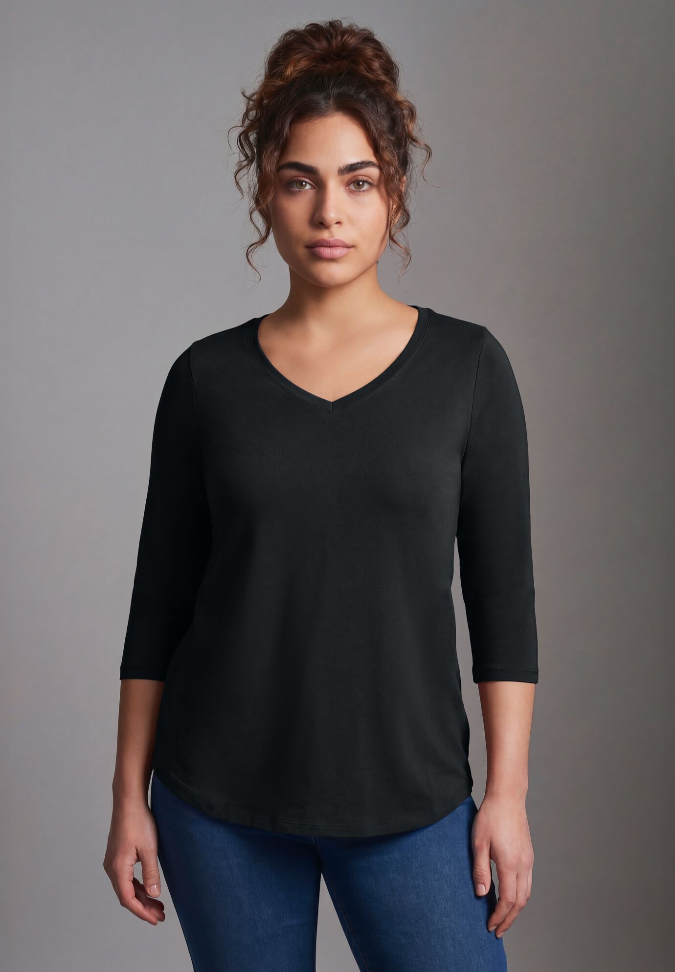 Signature 3/4 Sleeve V-Neck Tee, BLACK, hi-res image number 0