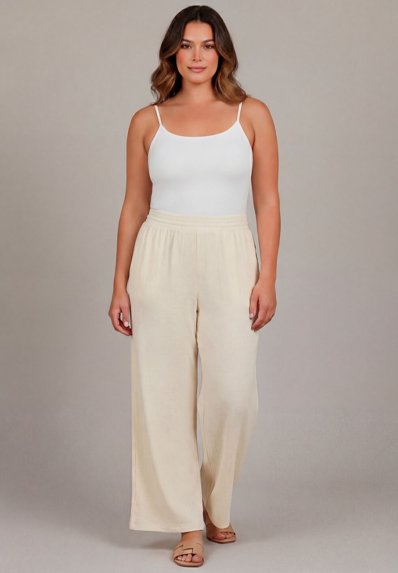 Knit Gauze Smocked Wide-Leg Pants, IVORY, on-hover image number 1