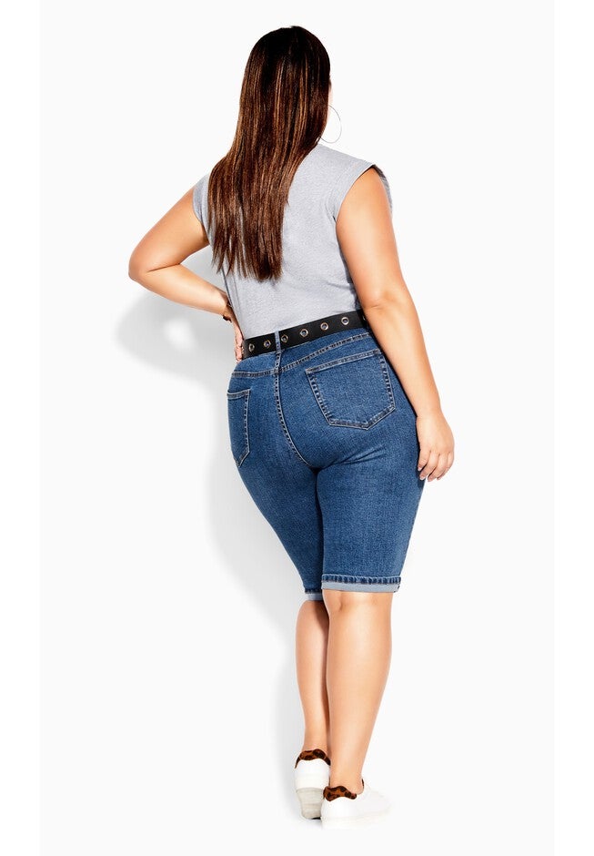 Turn Up Distressed Detail Knee Length Short - mid denim, BLUE, on-hover image number 1