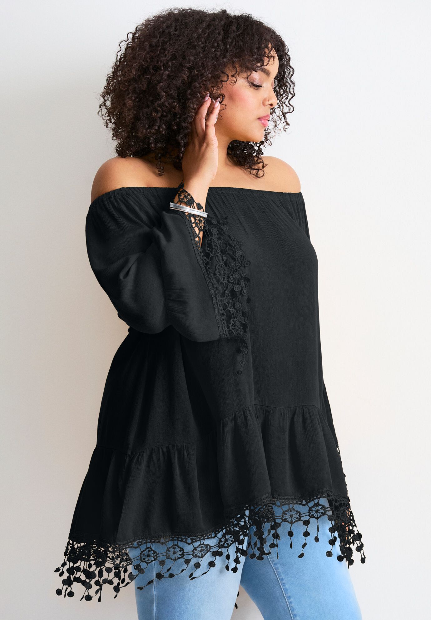  Crochet Fringe Trim Tunic, BLACK, alternate image number 4