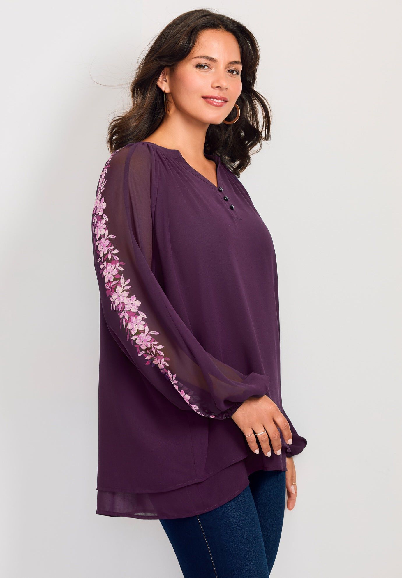 Double Layered Poet Blouse, BERRY FLOWER BORDER, hi-res image number 0