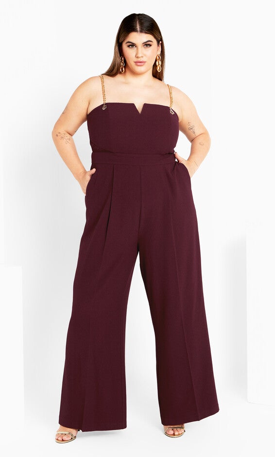 Ann Chain Sleeveless Wide Leg Jumpsuit - oxblood, RED, alternate image number 1