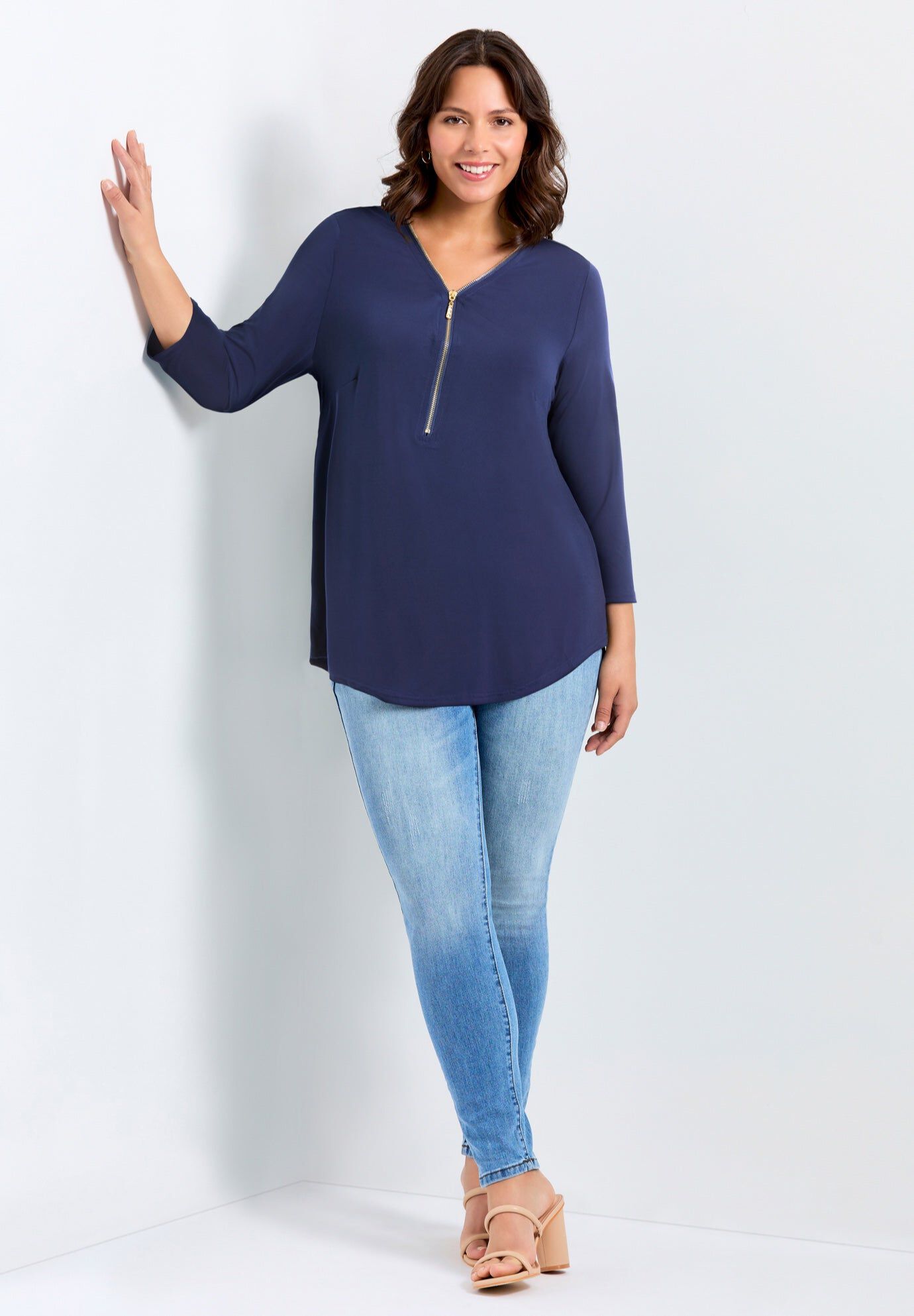 Top Fiona Zip Print, NAVY, hi-res image number 0