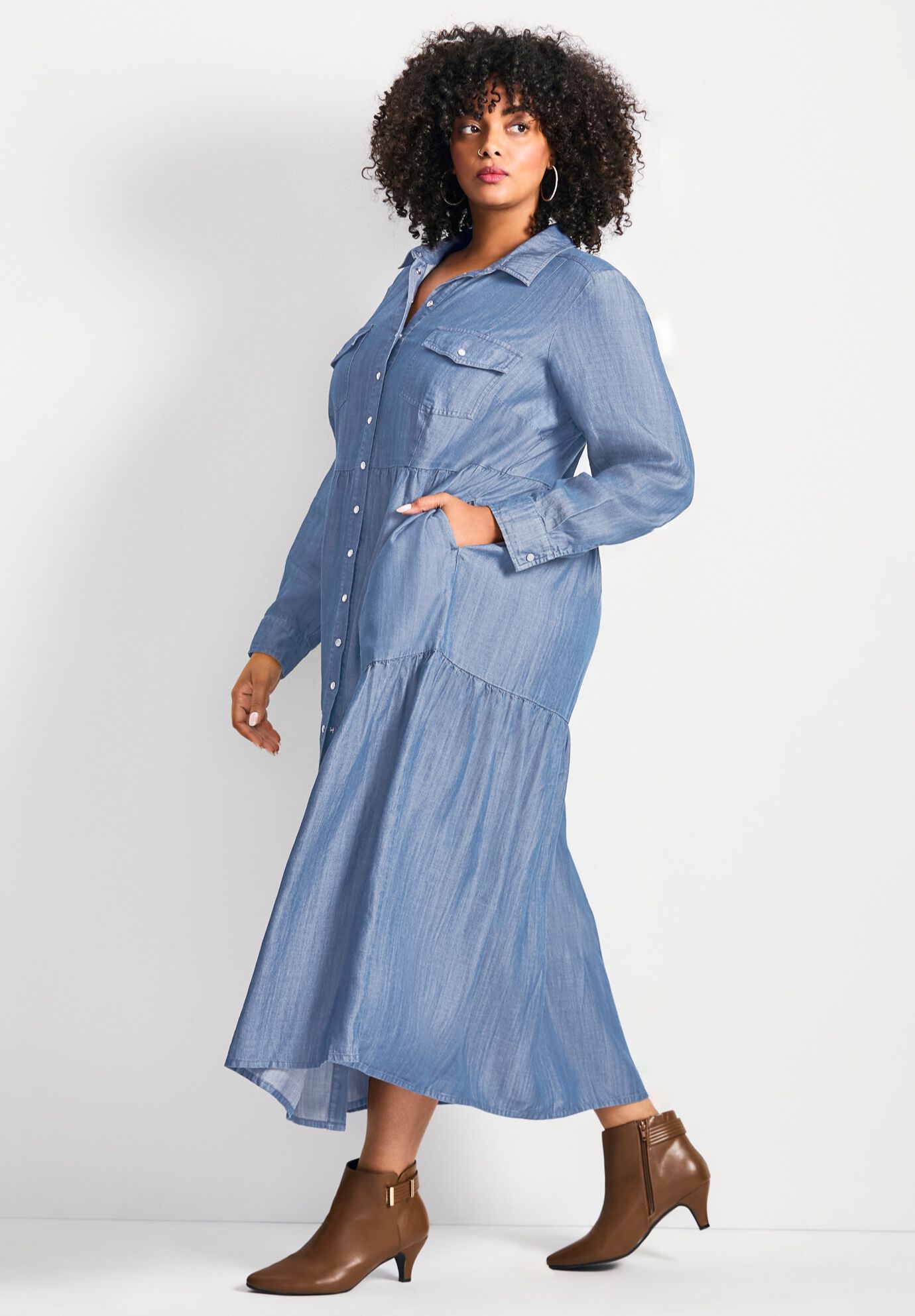 Denim Tiered Shirtdress, MID WASH, alternate image number 3