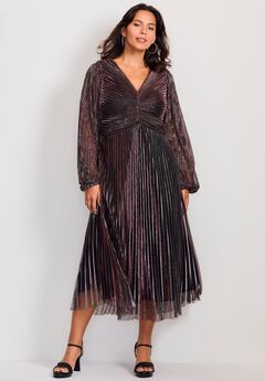 Pleated Plisse Blouson Sleeve Dress