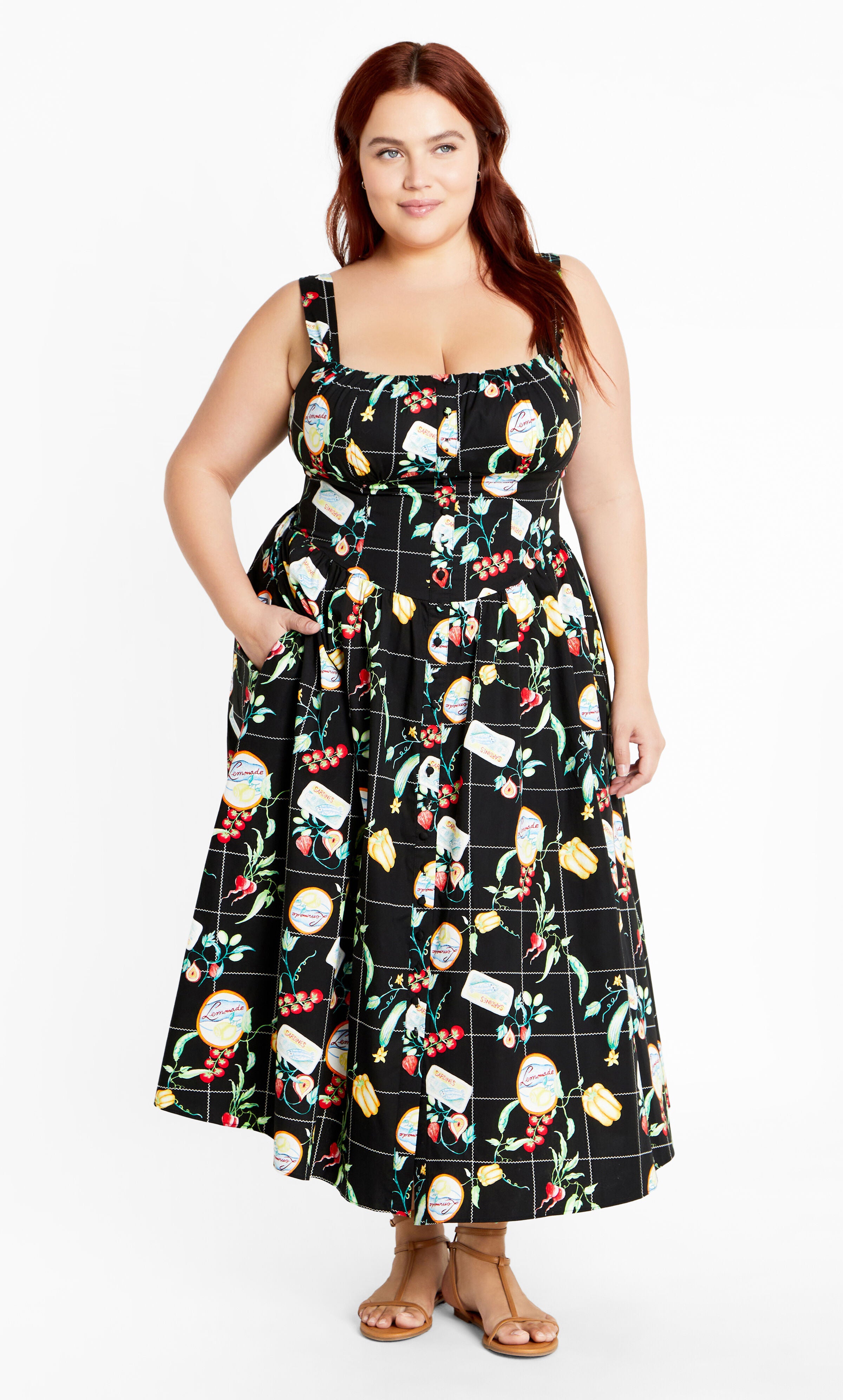 Postcards Print Cotton Dress - black, BLACK, alternate image number 1