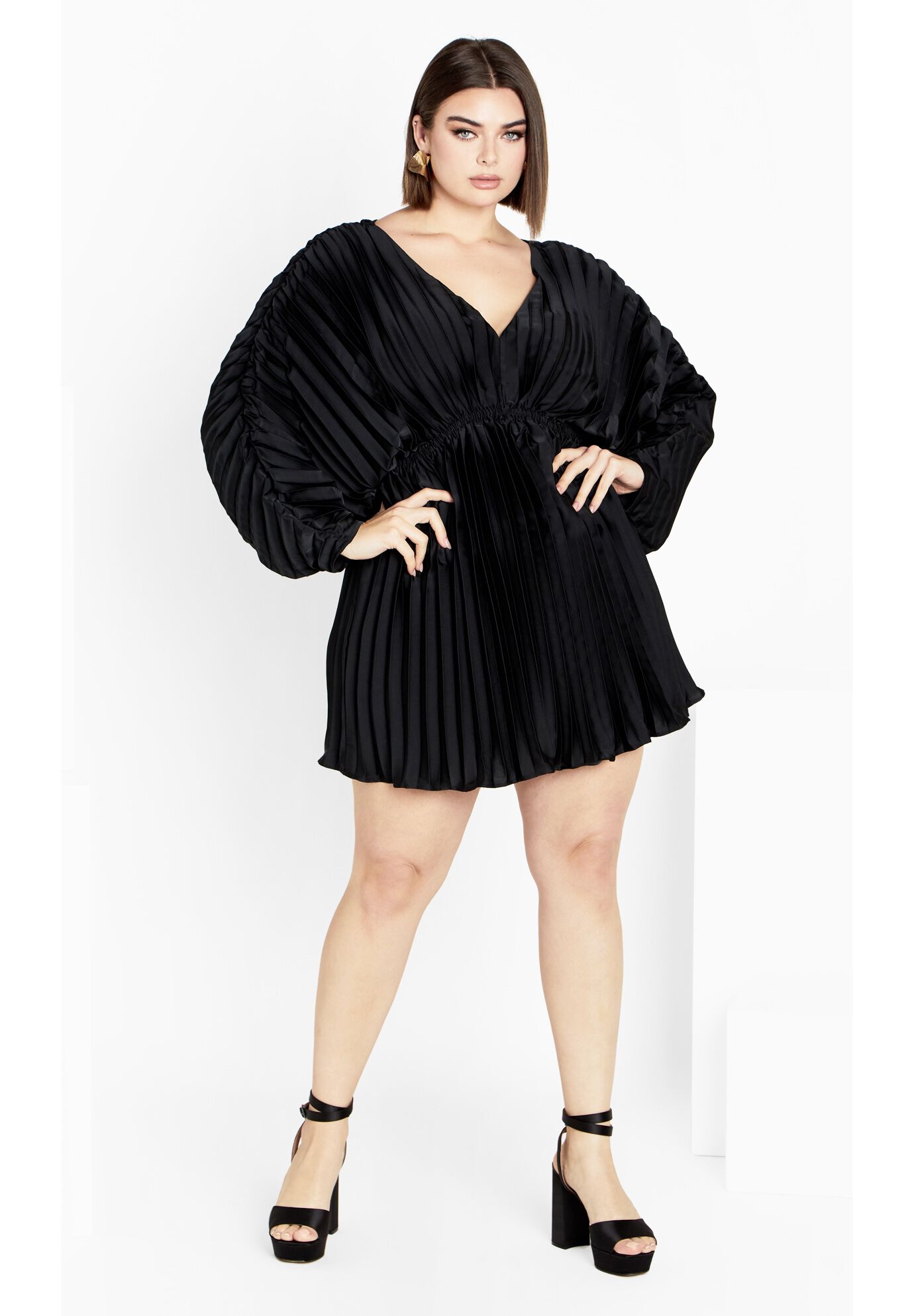 Chloe Accordion Sleeve Pleat Dress - black, BLACK, on-hover image number 1