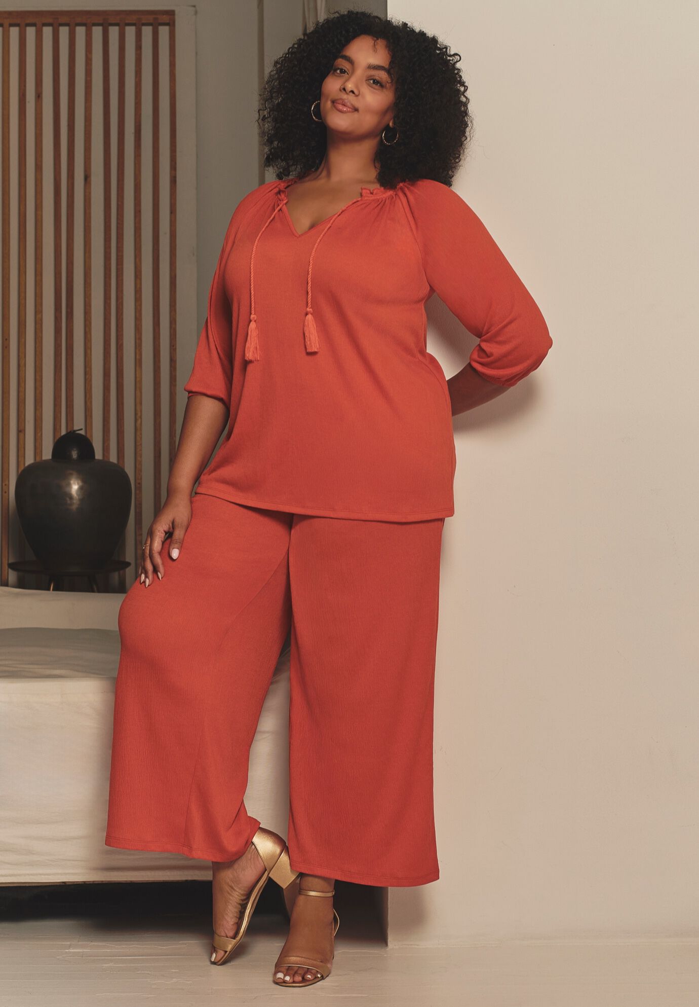 Knit Gauze Smocked Wide-Leg Pants, IVORY, on-hover image number 1