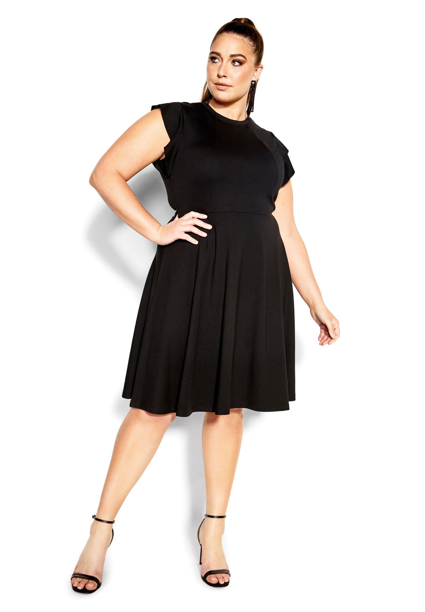 Frill Shoulder Dress - black, BLACK, on-hover image number 1