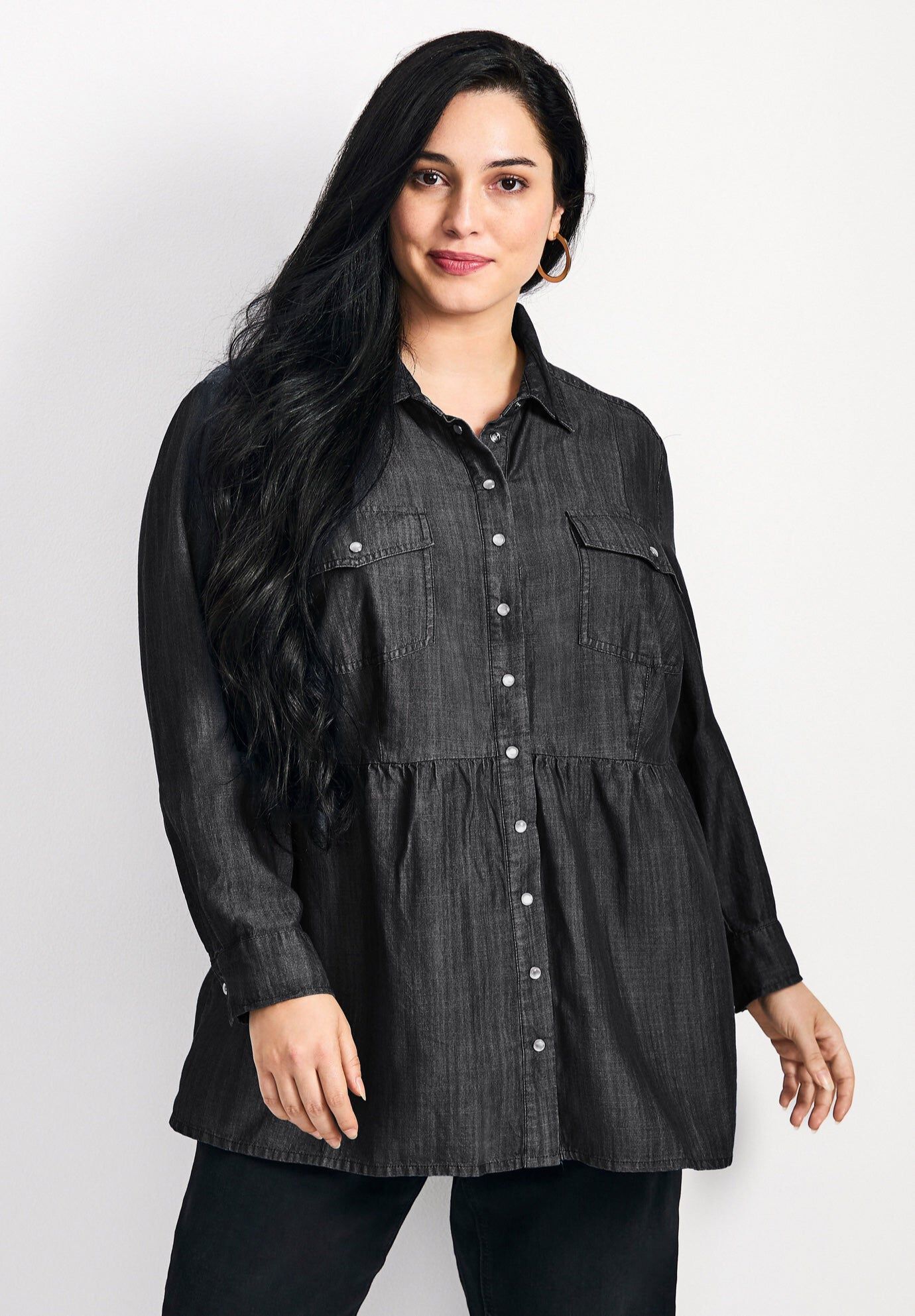 Denim Tiered Shirt, BLACK WASH, hi-res image number 0