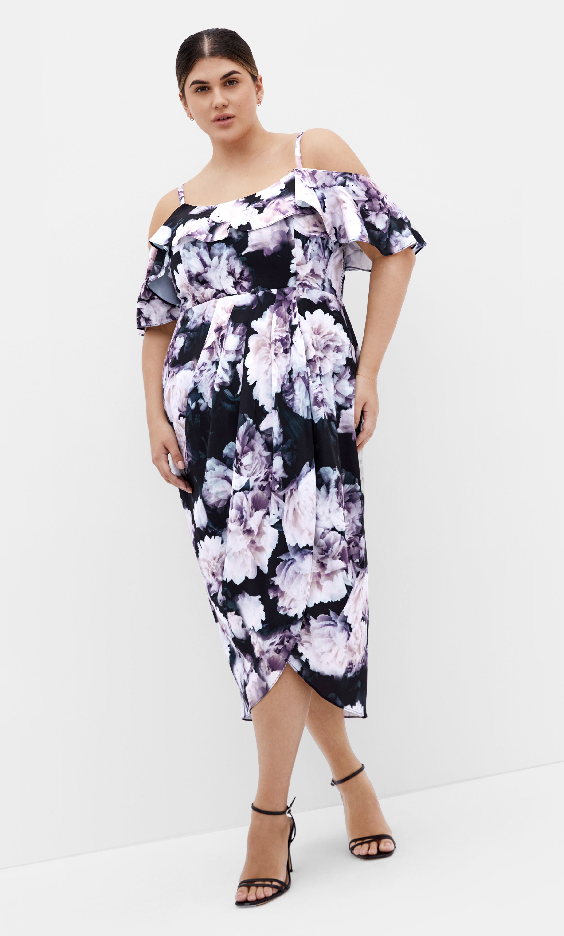Floral Drape Midi Dress - charcoal, BLACK, hi-res image number 0