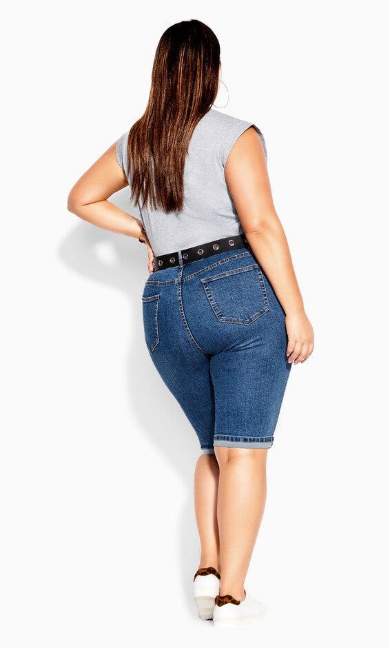 Turn Up Distressed Detail Knee Length Short - mid denim, BLUE, alternate image number 2
