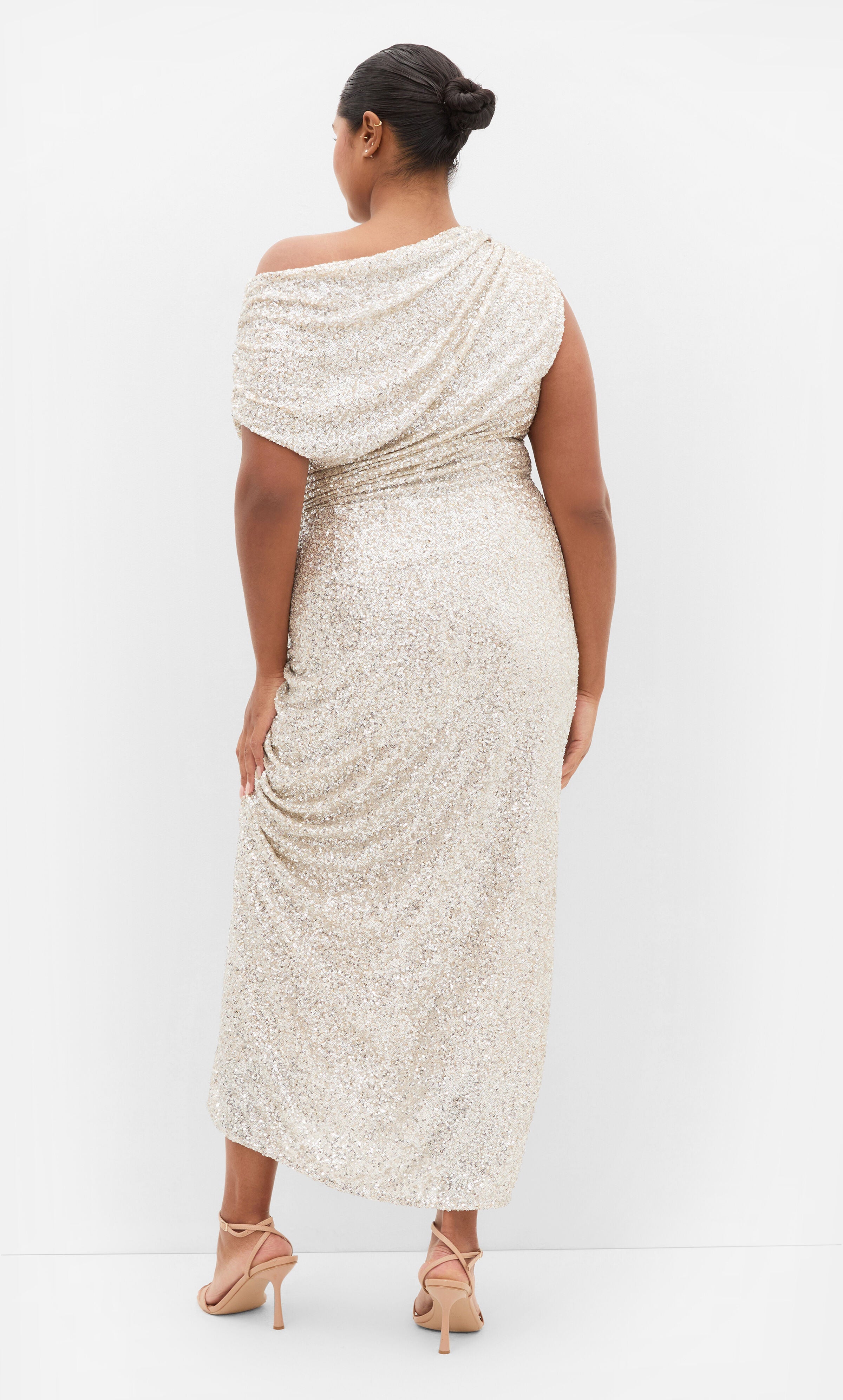 Sequin Star Off Shoulder Maxi Dress, BEIGE, on-hover image number 1