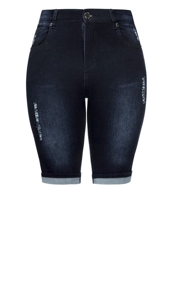 Turn Up Distressed Detail Knee Length Short - dark denim, BLUE, alternate image number null