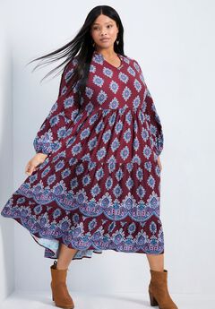 Everlasting Bordered Print Blouson Sleeve Dress