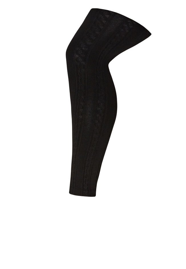 Plush Lined Cable Knit Footless Leggings, BLACK, hi-res image number null