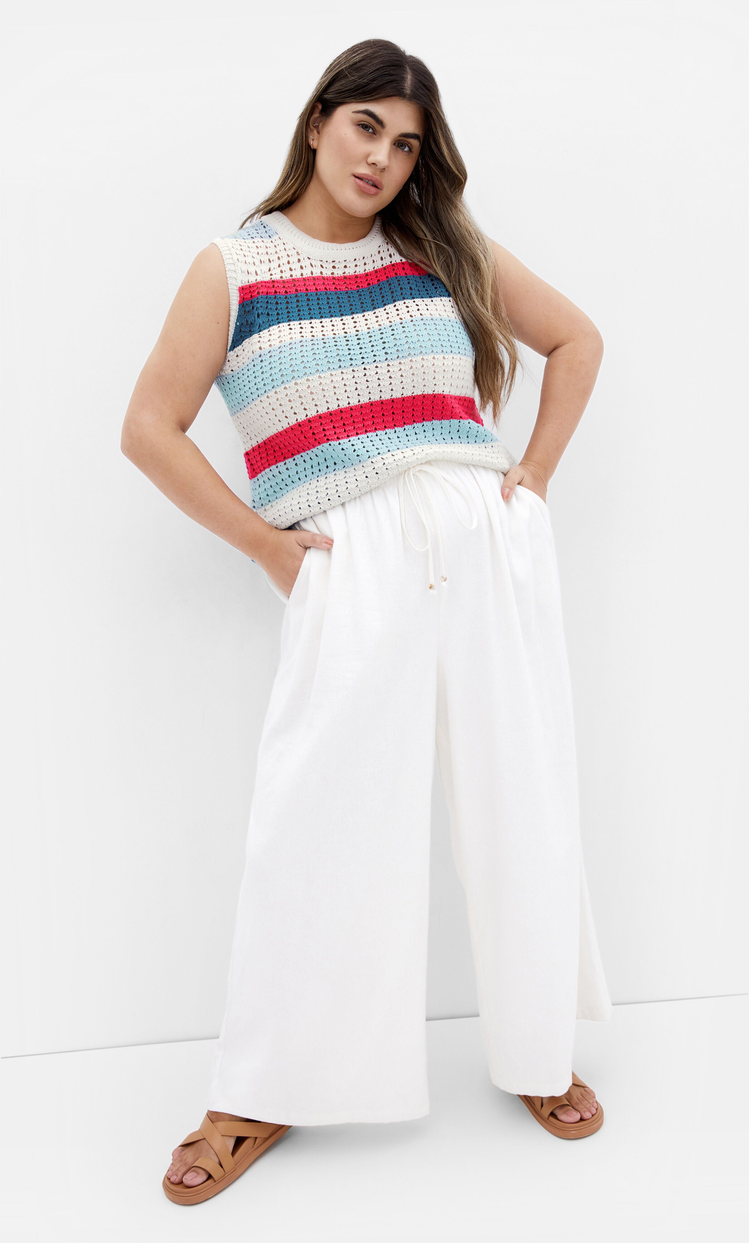 Cornelia Stripe Top - white, ORANGE, alternate image number 1